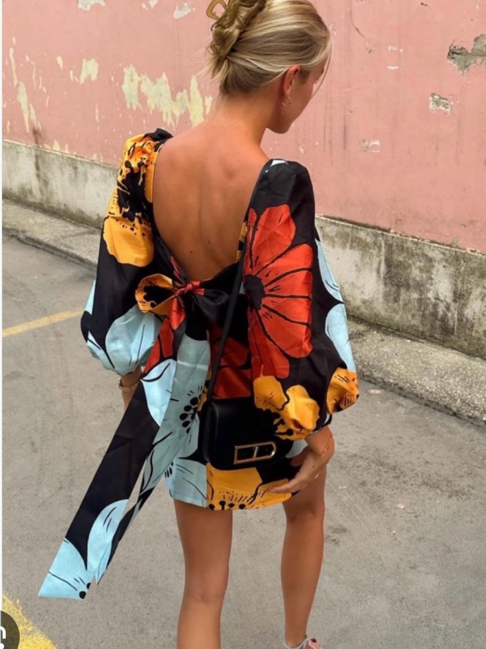 Open-Back Floral Mini Dress in Black with Orange and Light Blue Blooms